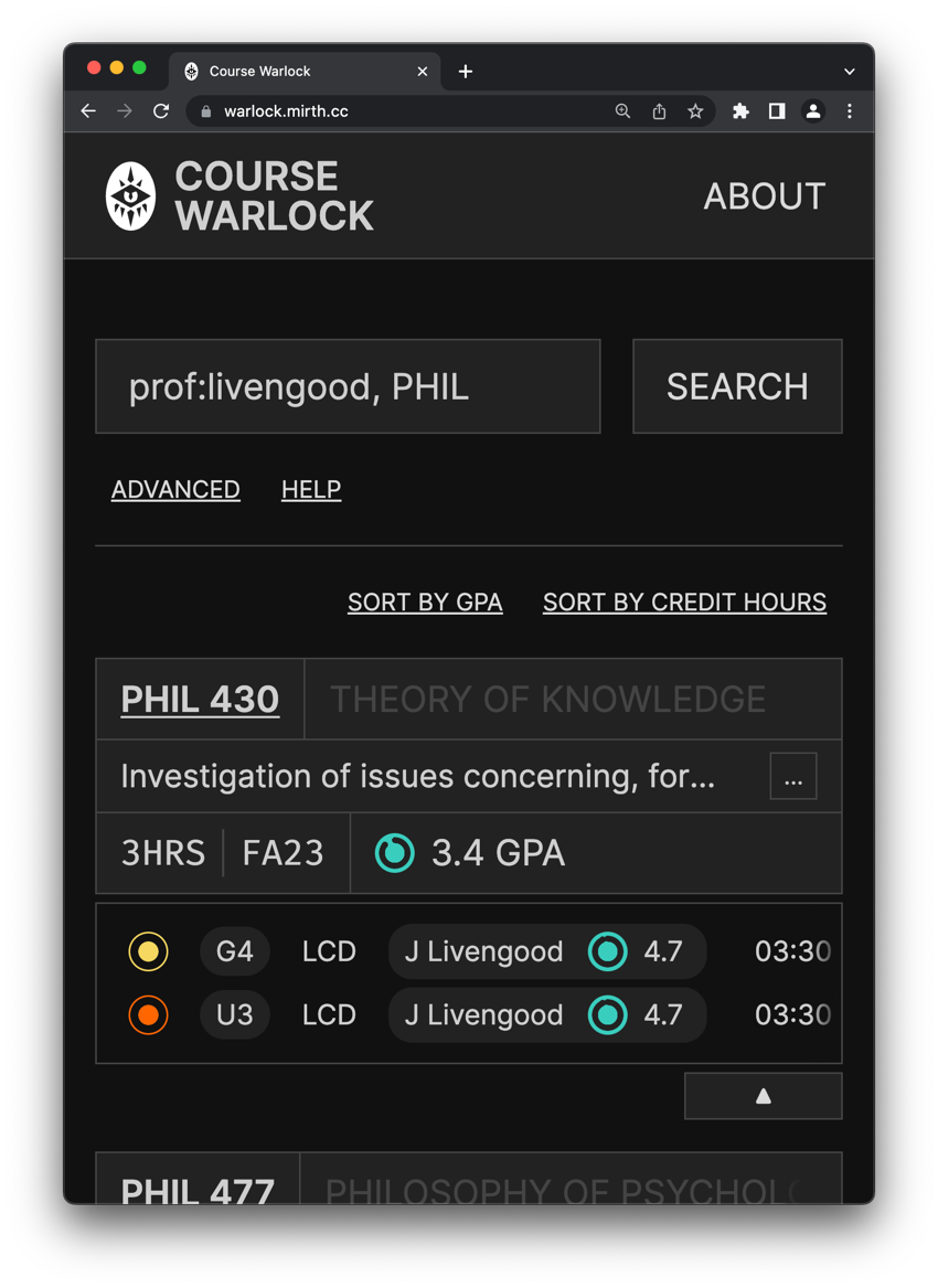 Course Warlock in the browser with a search for 'prof: livengood, philosophy'