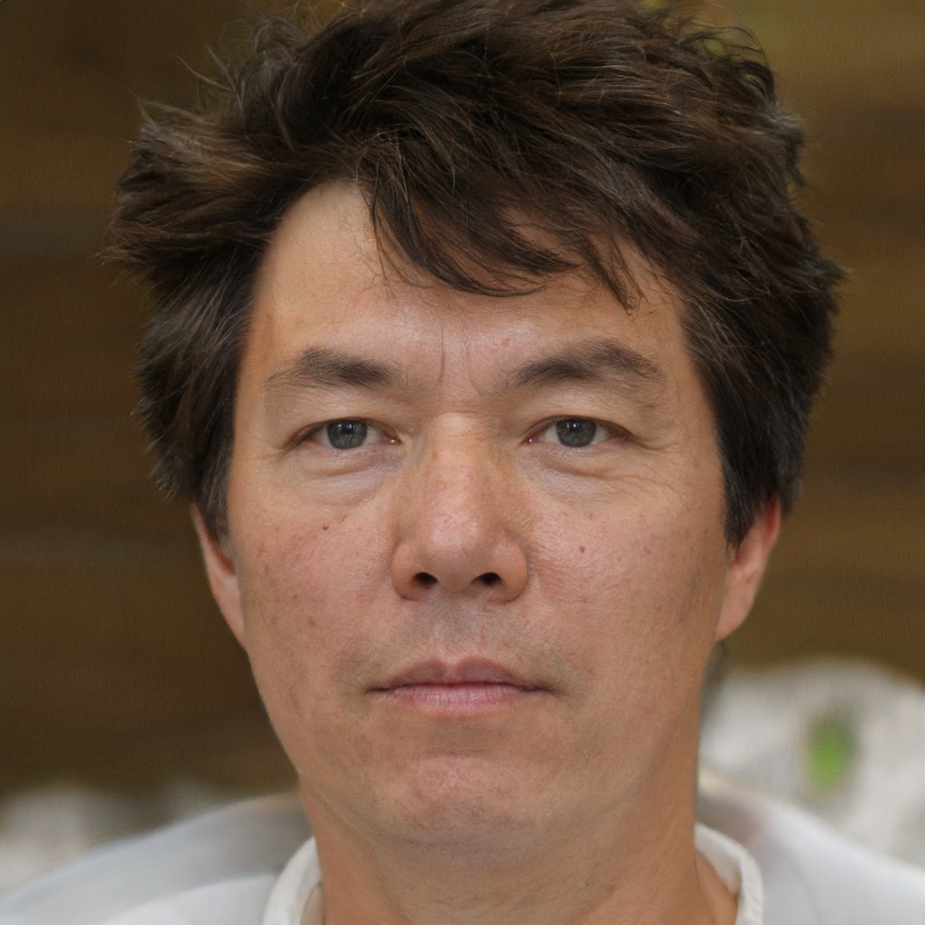 Artificially generated image of a man with brown hair and stubble, looking into the camera with a calm, closed-mouth expression.